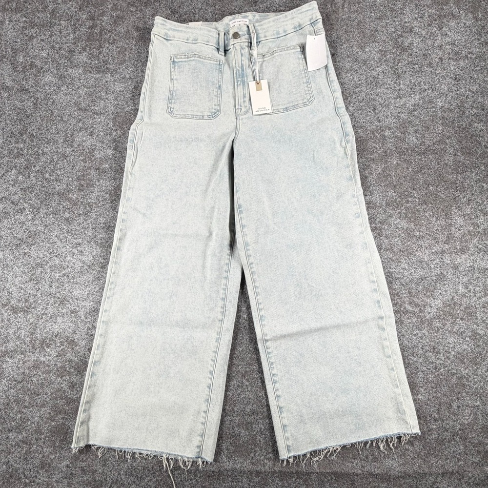 NWT Good American Good Waist Palazzo Crop Jeans Womens 15 Indigo Patch Pockets